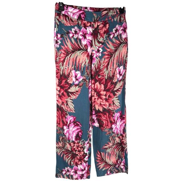 Soft Surroundings Yesenia Teal Pink Floral Print Wide Leg Pants womens XS - Picture 2 of 8